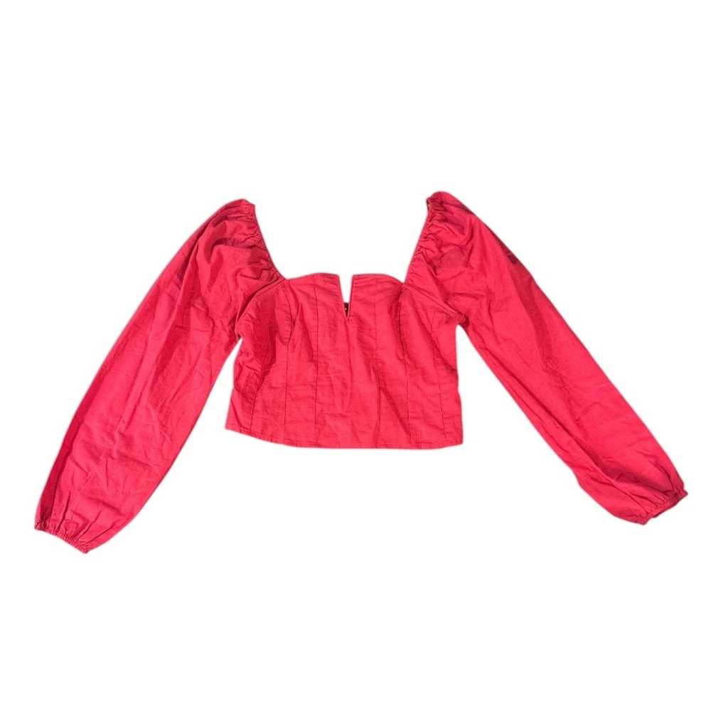 Lulus NEW Crop Top Red Large Linen Blend Puff Sleeve Zipper Romantic Sexy Flirty